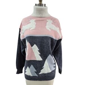 1980s Vintage JP Val Pink Grey Reindeer Sweater Wool Angora Blend Sz M